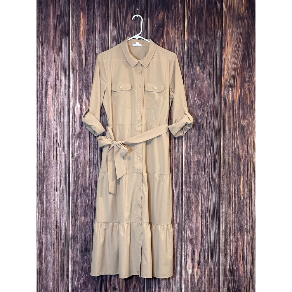 Button-Front Beige Shirt Dress with Tie Waist